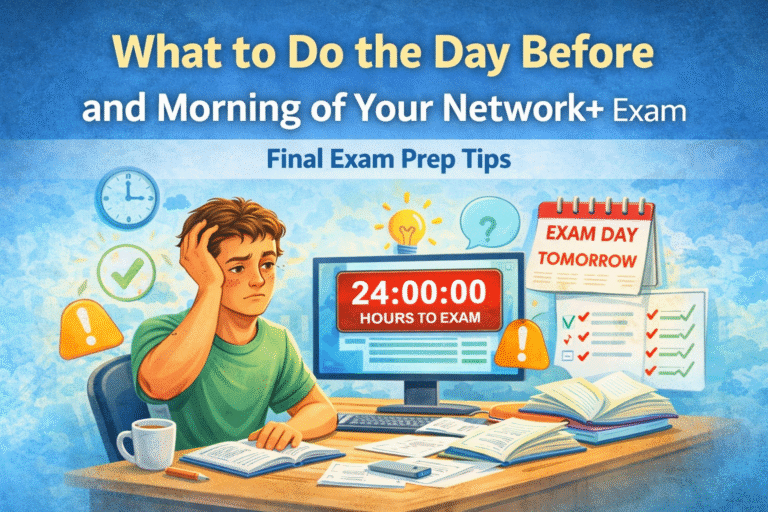 Thumbnail image for a CompTIA Network+ exam prep blog showing a worried student at a desk with books, notes, a computer screen counting down 24 hours to the exam, and an exam-day checklist under the title “What to Do the Day Before and Morning of Your Network+ Exam.”